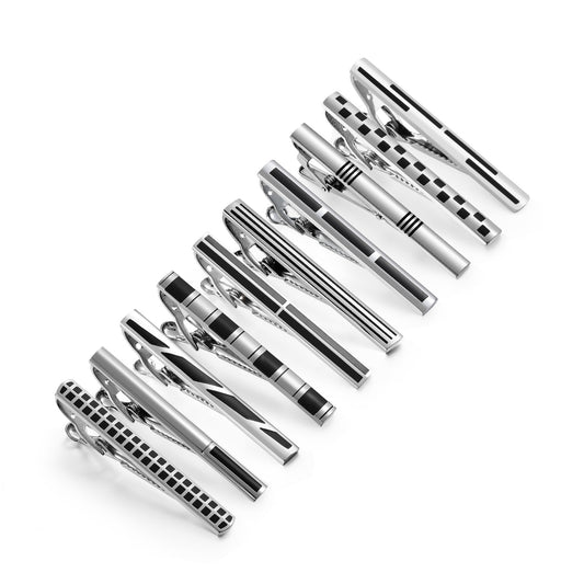 UJOY 10pcs Set Enamel Black Siver Tie Bar Pin Clips in Gift Box