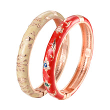 Load image into Gallery viewer, UJOY Vintage Cloisonne Bracelets Cuff Golden Metal Bangles Indian Flower Red Enameled Jewelry Cuff Bangles