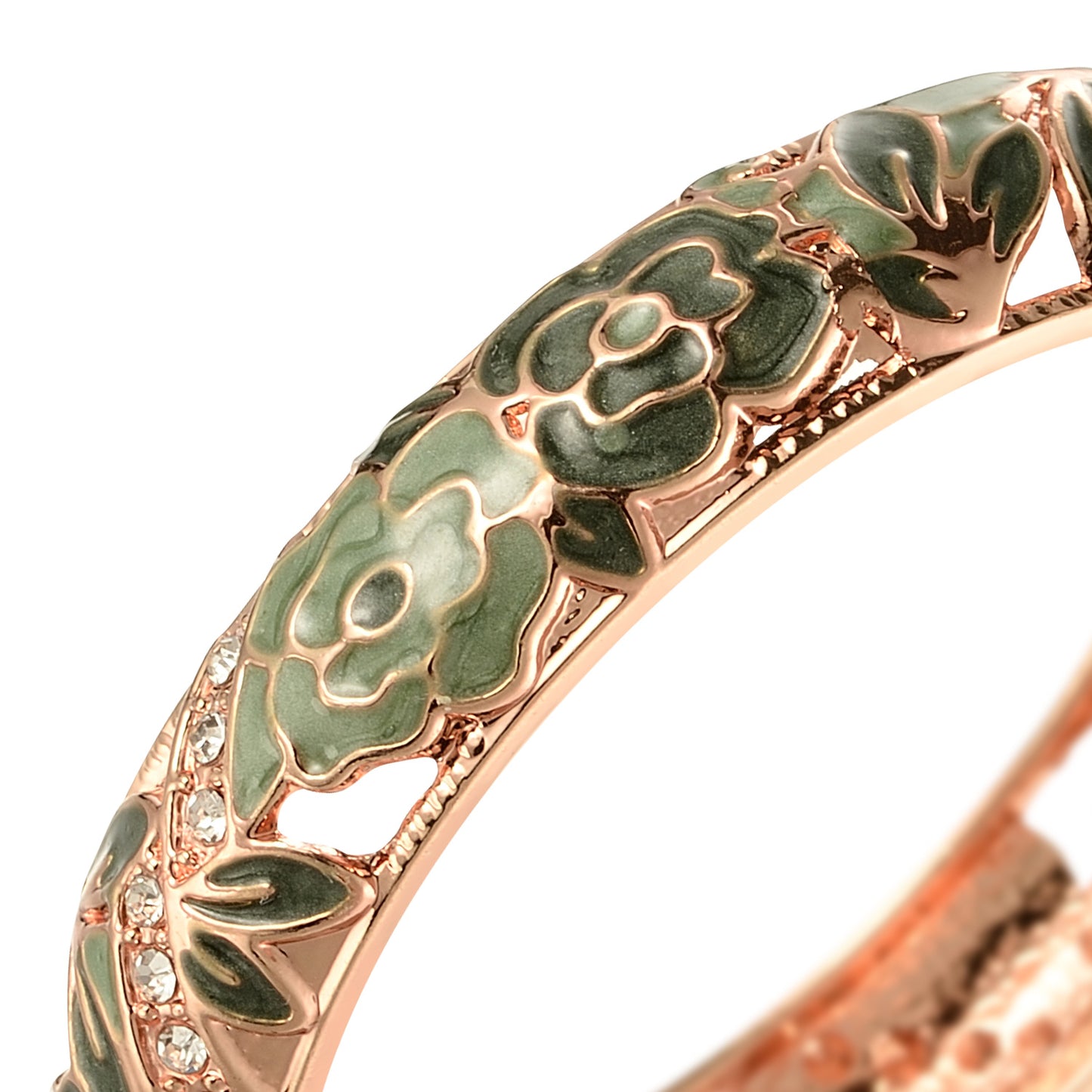 UJOY Vintage Jewelry Cloisonne Handcrafted Enameled Gorgeous Rhinestone Rose Gold Hinged Cuff Bracelet