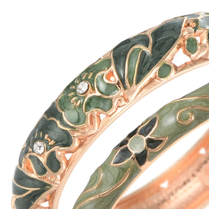 UJOY Vintage Set of Jewelry Cloisonne Handcrafted Enameled Gorgeous Rhinestone Rose Gold Hinged Cuff Bracelets