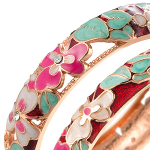 UJOY Bracelet Cloisonne Jewelry Fashion Opening Hinged Bangles Crafted Red Colored Enamel Flower Gifts for Women