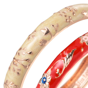 UJOY Vintage Cloisonne Bracelets Cuff Golden Metal Bangles Indian Flower Red Enameled Jewelry Cuff Bangles