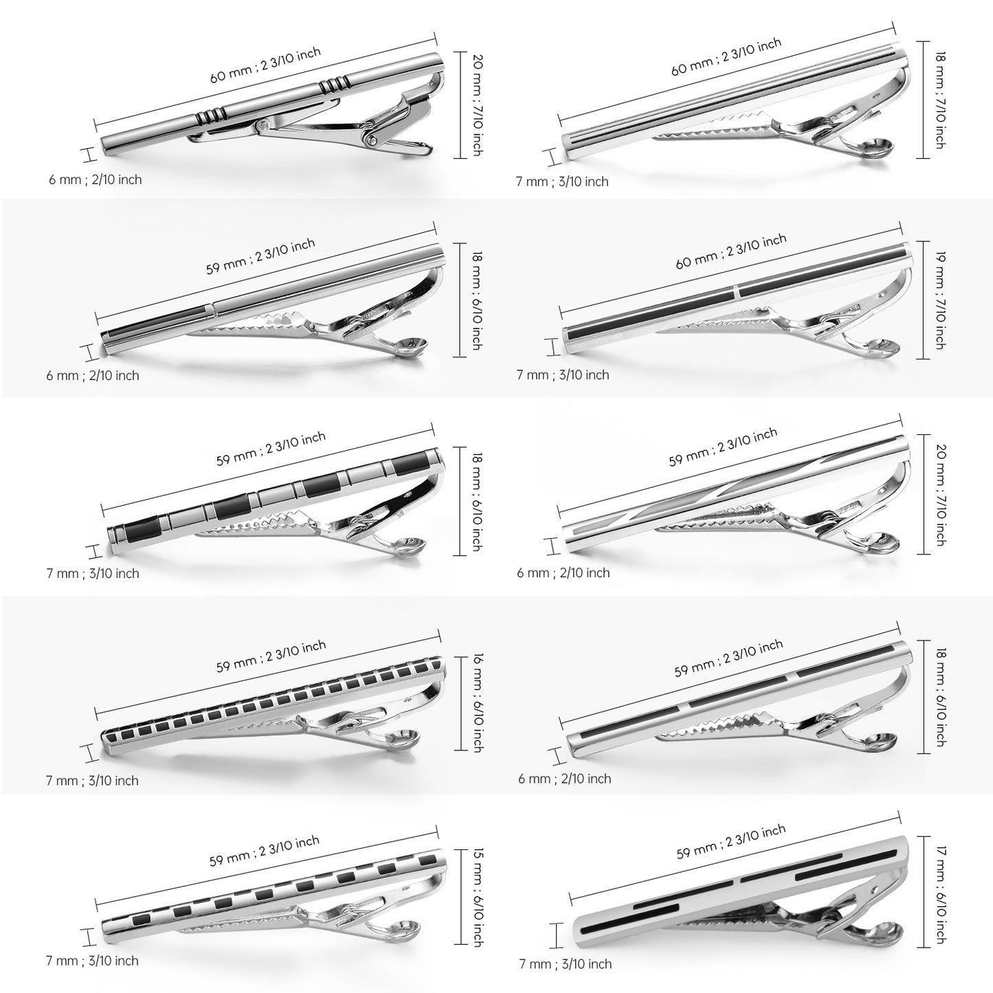 UJOY 10pcs Set Enamel Black Siver Tie Bar Pin Clips in Gift Box