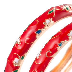 UJOY Vintage Set of Cloisonne Bracelets Cuff Golden Metal Bangles Indian Flower Red Enameled Jewelry
