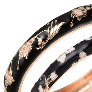 UJOY Cloisonne Bracelet Openable Hinge Gold Cuff Enamel Flower Black Bangle Jewelry Gift for Women
