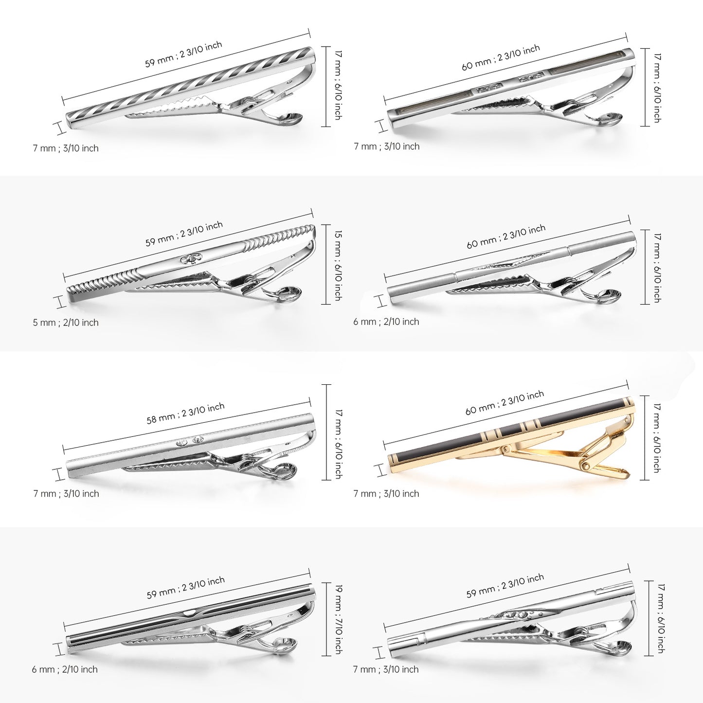 UJOY Tie Clips for Men, 8 Pcs Tie Bars Pinch Clip Set Silver Black 2.3 Inches Business Shirt Necktie Parts