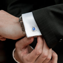 Cargar imagen en el visor de la galería, UJOY Mens Cufflinks Elegant Style Cuff Link Super Shiny Navy Blue Crystal Circular Cufflinks with Gift Box