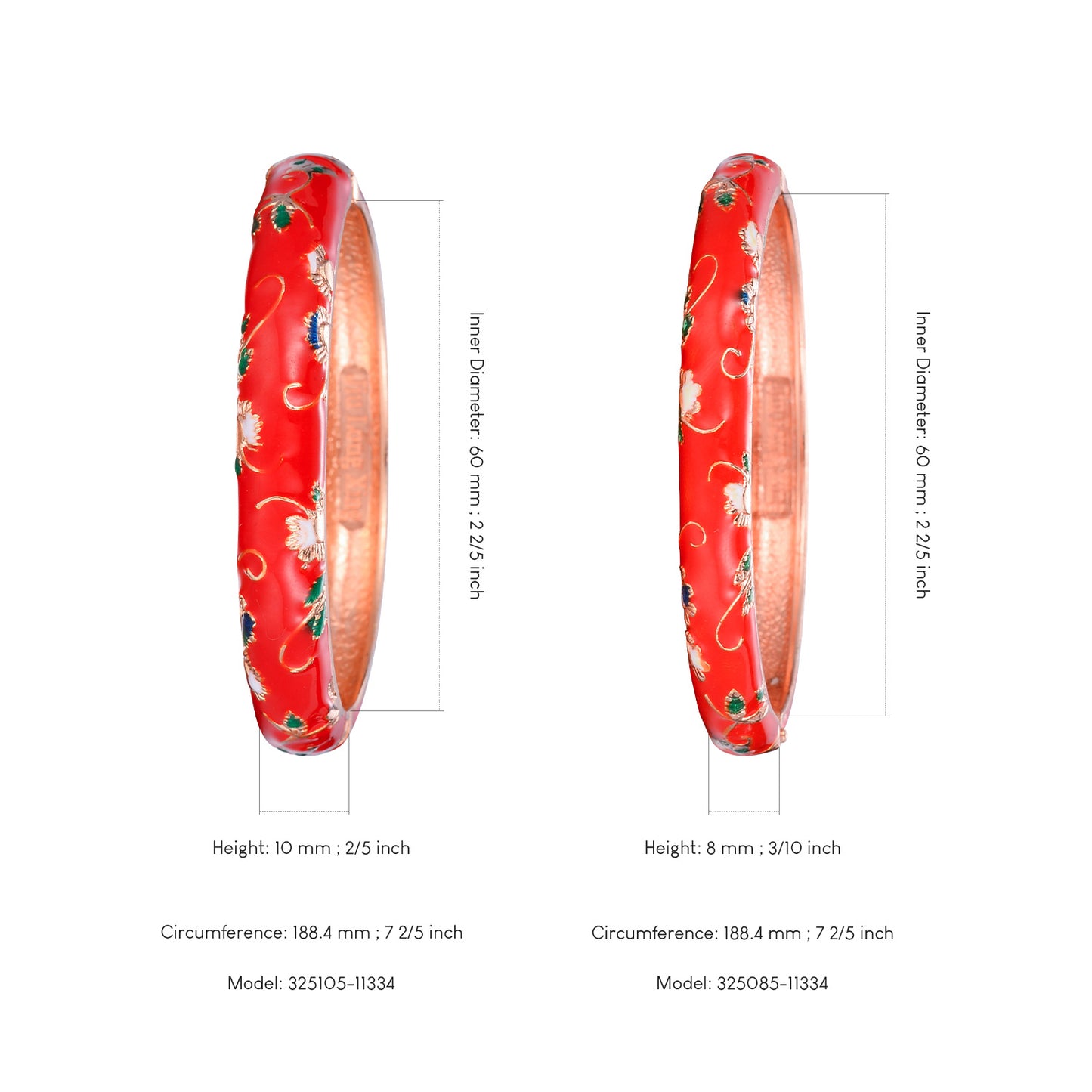 UJOY Vintage Set of Cloisonne Bracelets Cuff Golden Metal Bangles Indian Flower Red Enameled Jewelry