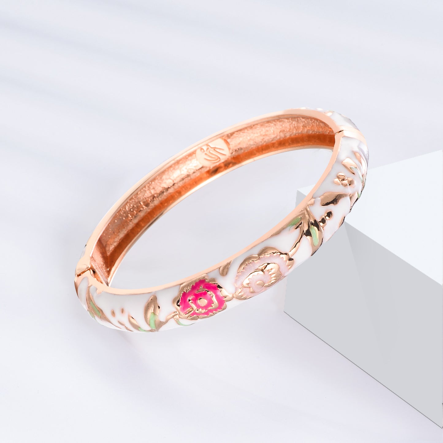 UJOY Women's Bangle Bracelet Golded Alloy Hinged Flower Enameled Cloisonne Jewelry