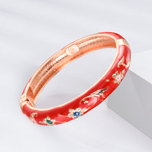 Load image into Gallery viewer, UJOY Vintage Cloisonne Bracelets Cuff Golden Metal Bangles Indian Flower Red Enameled Jewelry Cuff Bangles