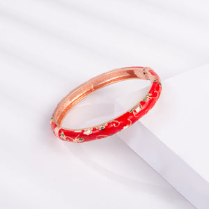 UJOY Vintage Set of Cloisonne Bracelets Cuff Golden Metal Bangles Indian Flower Red Enameled Jewelry