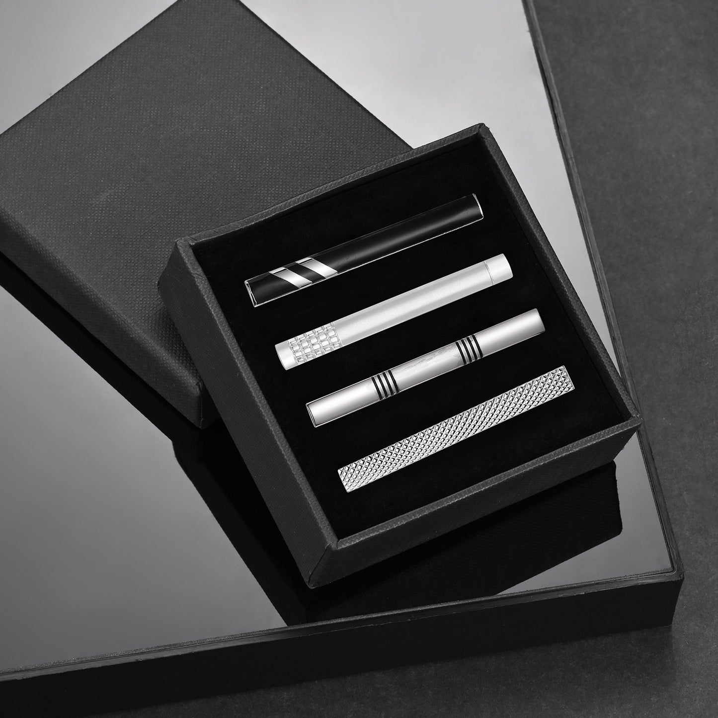 UJOY Tie Clips for Men, 4 Pcs Tie Bars Clip Set Silver Black 2.3 Inches Business Shirt Necktie Parts