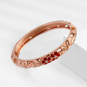 UJOY Vintage Cloisonne Bracelets Cuff Golden Metal Bangles Indian Flower Pink Enameled Jewelry Box