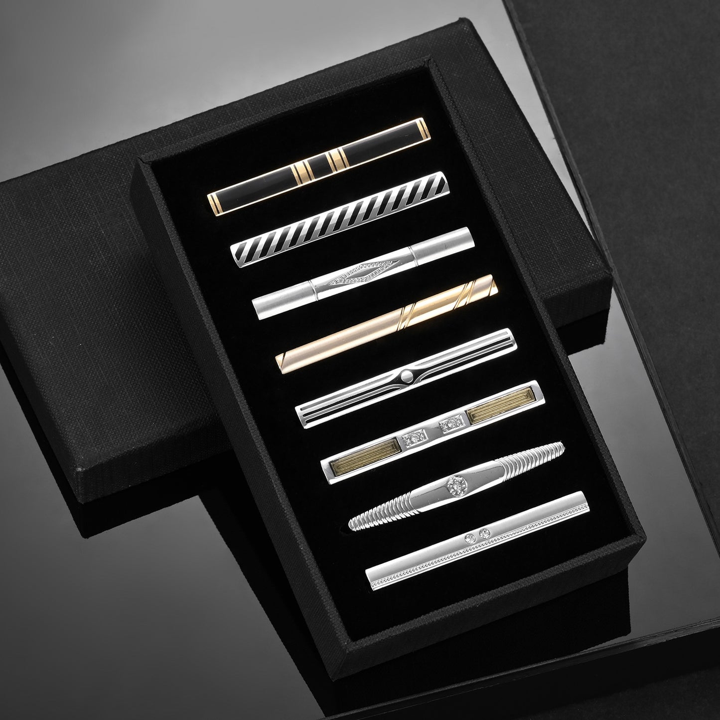 UJOY Tie Clips for Men, 8 Pcs Tie Bars Pinch Clip Set Silver Black 2.3 Inches Business Shirt Necktie Parts