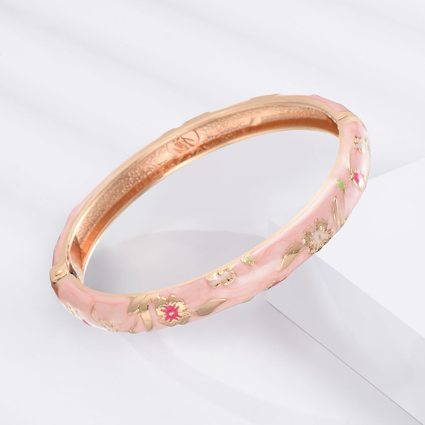 UJOY Women Multi-Colors Cloisonne Bracelet Gold Plated Flower Hollowed Enameled Hinged Cuff Bangles Jewelry Gift