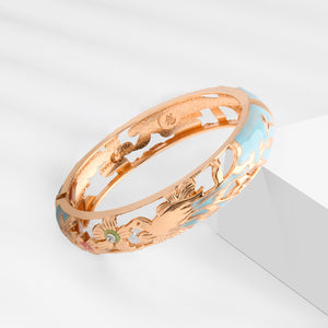 UJOY Cloisonne Indian Bangle Colored Crystal Gold Plated Hinge Cuff Bracelet Hollowed Bird Enamel Jewelry