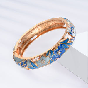 UJOY Vintage Jewelry Cloisonne Handcrafted Enameled Gorgeous Rhinestone Rose Gold Hinged Cuff Bangles