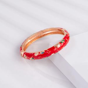 UJOY Vintage Set of Cloisonne Bracelets Cuff Golden Metal Bangles Indian Flower Red Enameled Jewelry