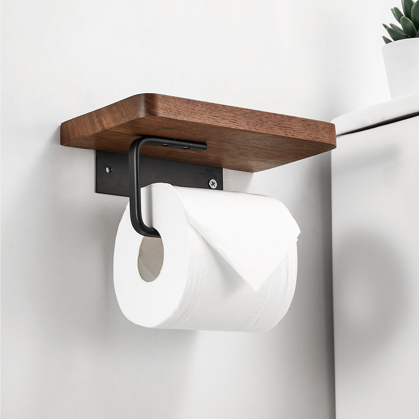 SARIHOSY Wooden Toilet Paper Holder Black Walnut Roll Paper Storage Rack Roll Paper Accessories With Mobile Phone Storage Rack 115-C