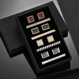 UJOY Cufflinks and Tie Clips Set Enamel Gold Silver Plated Classic Design in Gift Box