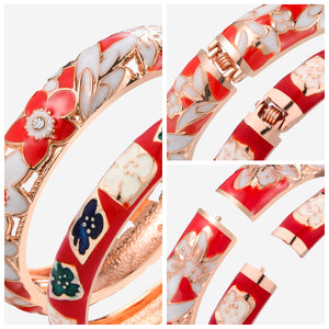 UJOY Vintage Jewelry Cloisonne Handcrafted Enameled Gorgeous Rhinestone Rose Gold Hinged Cuff Bracelet Bangles