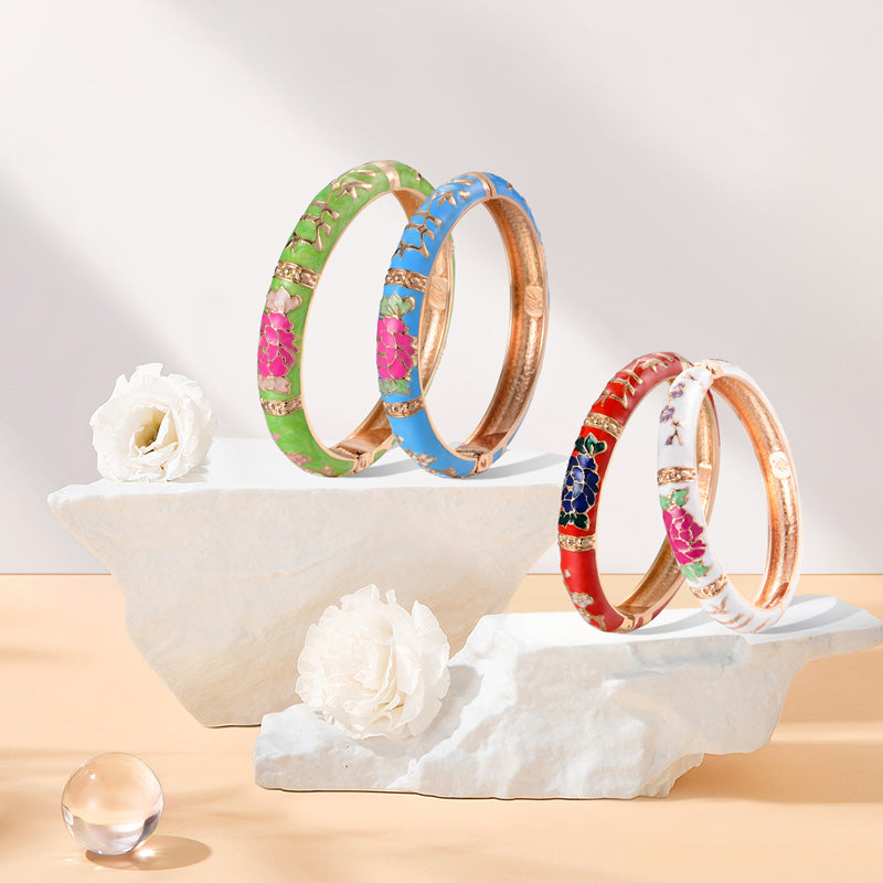 UJOY Bangles 4 Pcs Enamel Jewelry Set Rose Gold Flower Engraved Cloisonne Bracelets Pack in a Box 4 PCS