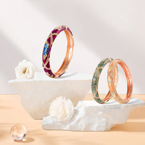 UJOY Bangles 3 Pcs Enamel Jewelry Set Rose Gold Flower Engraved Cloisonne Bracelets Pack in a Box 3 PCS