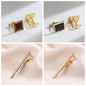 UJOY Cufflinks and Tie Clips Set Enamel Gold Silver Plated Classic Design in Gift Box