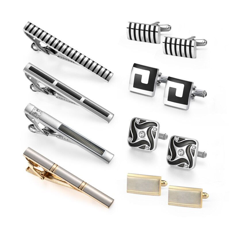 4 Sets Tie Clips & Cufflinks Set With Box Wedding Guests Gift Man Shirt Cufflink Pisa Ties For Men Luxury Men's Gift For Husband