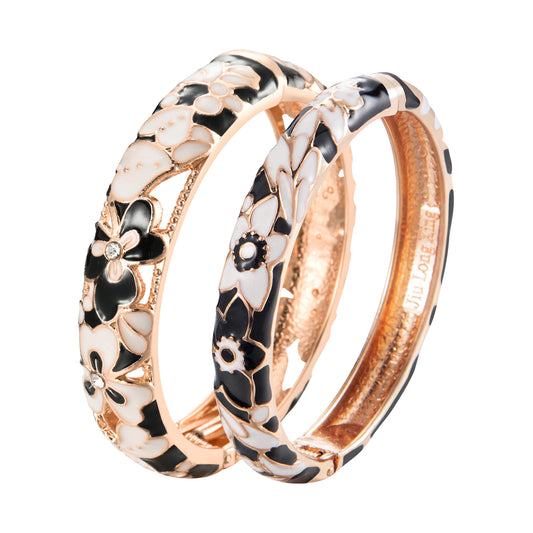 UJOY Vintage Set of Jewelry Cloisonne Handcrafted Enameled Gorgeous Rhinestone Rose Gold Hinged Cuff Bracelet Bangles Gifts for Women