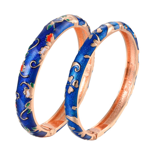 UJOY Vintage Set of Cloisonne Bracelets Cuff Golden Metal Bangles Indian Flower Blue Enameled Jewelry