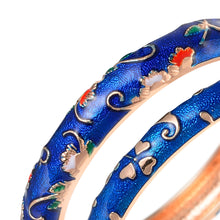 Load image into Gallery viewer, UJOY Vintage Set of Cloisonne Bracelets Cuff Golden Metal Bangles Indian Flower Blue Enameled Jewelry