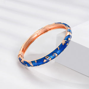 UJOY Vintage Set of Cloisonne Bracelets Cuff Golden Metal Bangles Indian Flower Blue Enameled Jewelry