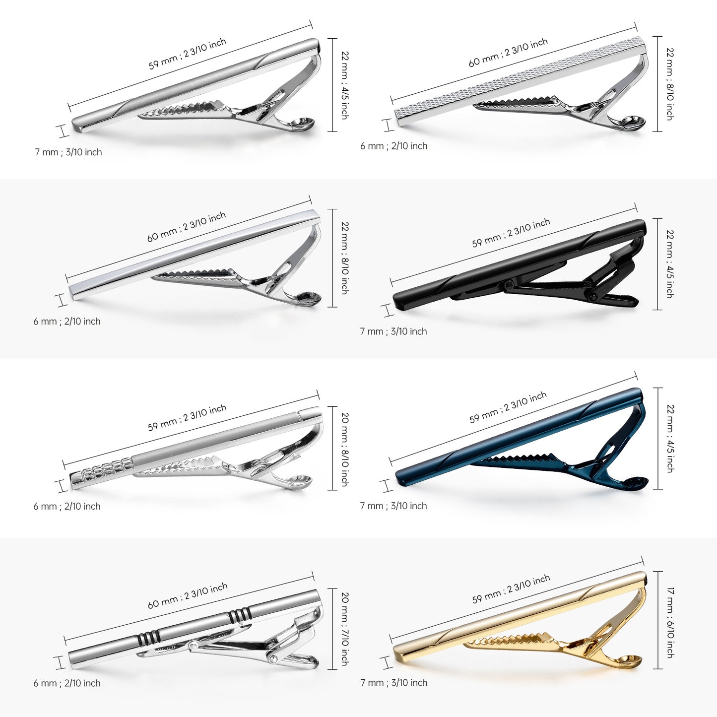 UJOY Tie Clips for Men, 8 Pcs Tie Bars Pinch Clip Colorful Set 2.3 Inches Business Shirt Necktie Parts