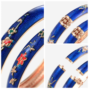 UJOY Handcrafted Set of Cloisonne Bangle Bracelets Golden Flowers Enamel Metal Handcuff Jewelry Set Box Gift for Women