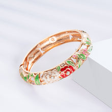 Load image into Gallery viewer, UJOY Cloisonne Bracelet Openable Hinge Gold Cuff Enamel Rose Flower Bangle Jewelry Gift for Women