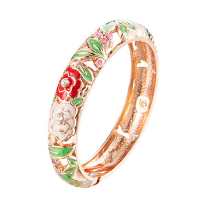 UJOY Cloisonne Bracelet Openable Hinge Gold Cuff Enamel Rose Flower Bangle Jewelry Gift for Women