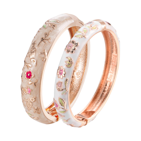 UJOY Set of Cloisonne Indian Bangle Colored Crystal Gold Plated Hinge Cuff Bracelet Hollowed Bird Enamel Jewelry