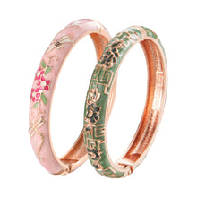 Load image into Gallery viewer, UJOY Set of Cloisonne Bracelet Openable Hinge Gold Cuff Enamel Flower Blue Bangle Jewelry