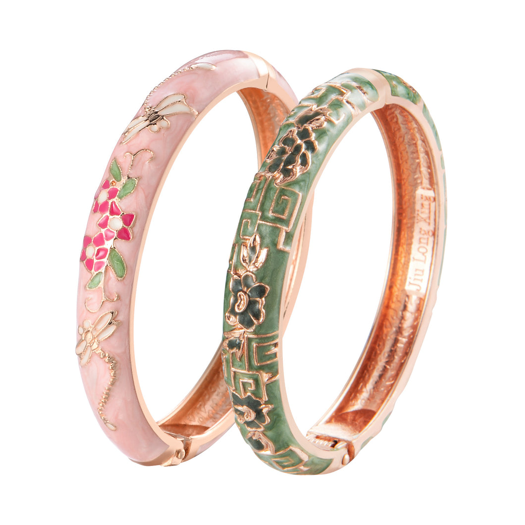 UJOY Set of Cloisonne Bracelet Openable Hinge Gold Cuff Enamel Flower Blue Bangle Jewelry