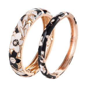 UJOY Cloisonne Set of Bracelets Openable Hinge Gold Cuff Enamel Flower Black Bangle Jewelry Gift for Women