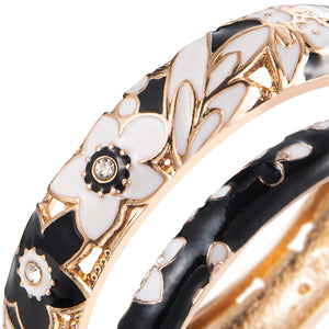 UJOY Cloisonne Set of Bracelets Openable Hinge Gold Cuff Enamel Flower Black Bangle Jewelry Gift for Women