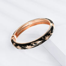 Cargar imagen en el visor de la galería, UJOY Cloisonne Set of Bracelets Openable Hinge Gold Cuff Enamel Flower Black Bangle Jewelry Gift for Women
