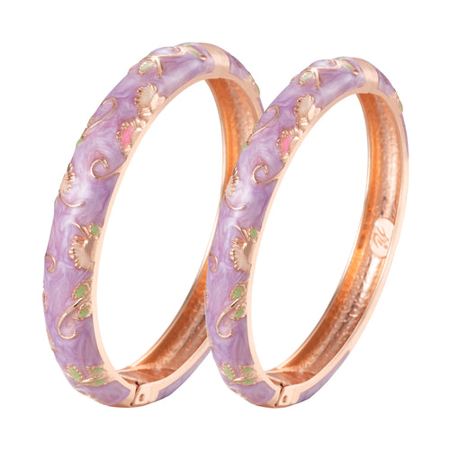 UJOY Vintage Set of Cloisonne Bracelets Cuff Golden Metal Bangles Indian Flower Purple Enameled Jewelry