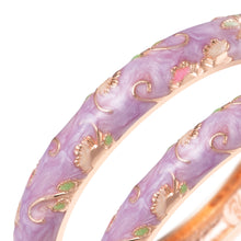 Cargar imagen en el visor de la galería, UJOY Vintage Set of Cloisonne Bracelets Cuff Golden Metal Bangles Indian Flower Purple Enameled Jewelry