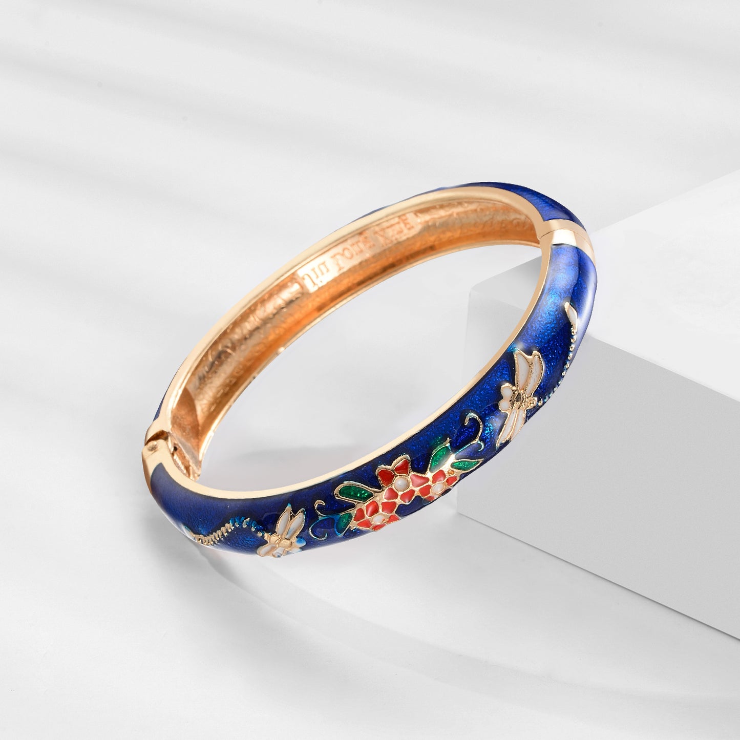 UJOY Handcrafted Cloisonne Bangle Bracelets Golden Dragonfly Enamel Metal Handcuff Jewelry Set Box Gift for Women