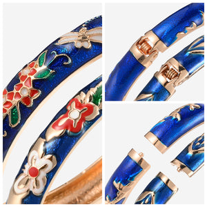UJOY Handcrafted Cloisonne Bangle Bracelets Golden Dragonfly Enamel Metal Handcuff Jewelry Set Box Gift for Women