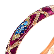Cargar imagen en el visor de la galería, UJOY Vintage Jewelry Cloisonne Handcrafted Enameled Gorgeous Rhinestone Rose Gold Hinged Cuff Bracelet