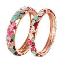 Cargar imagen en el visor de la galería, UJOY Fashion Set of Cloisonne Bracelets Gold Plated Flowers Filigree Enameled Womens Gifts Bangles Spring Hinged