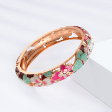 Cargar imagen en el visor de la galería, UJOY Fashion Set of Cloisonne Bracelets Gold Plated Flowers Filigree Enameled Womens Gifts Bangles Spring Hinged